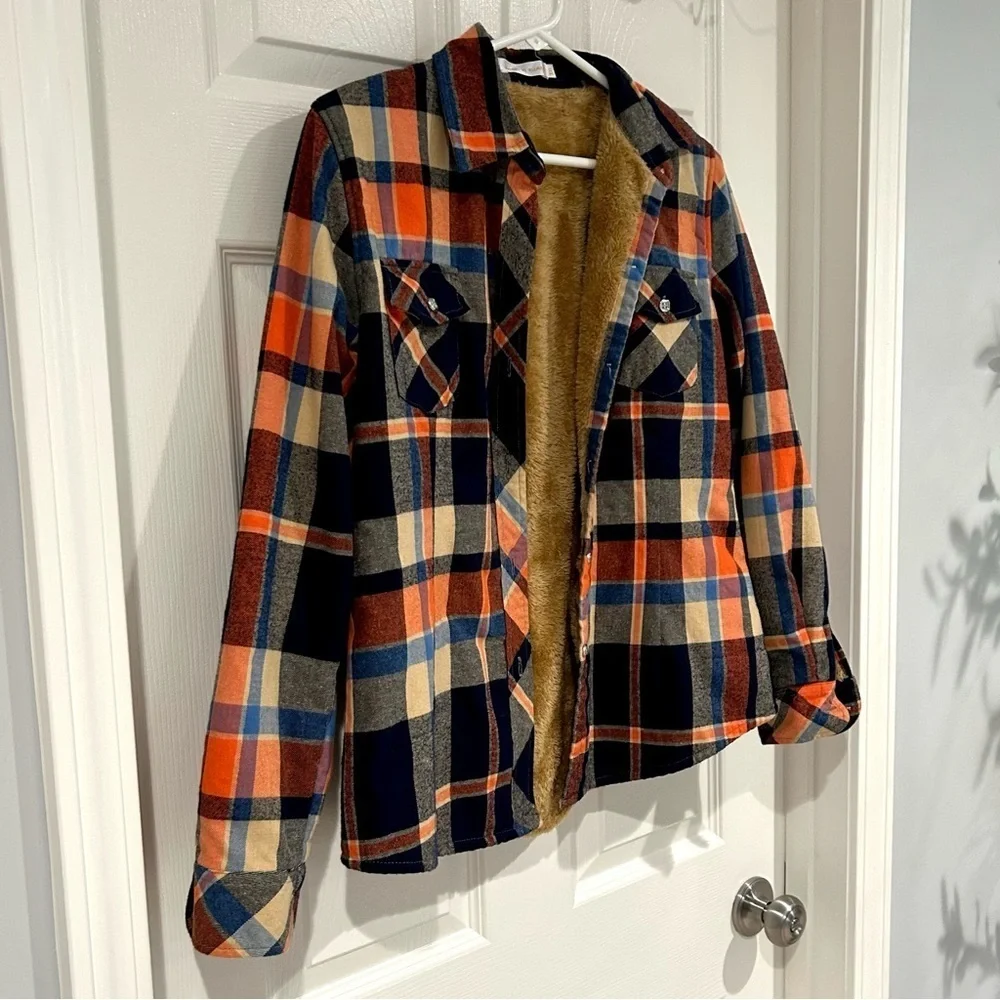 Boys Plaid Flannel Fleece Jacket Sz XXL Button Up Warm Collar Blue Tan Orange
